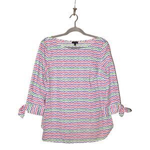 TALBOTS $70 Multi-Color Chevron Blouse 3/4 Sleeve Tie Cuffs Small